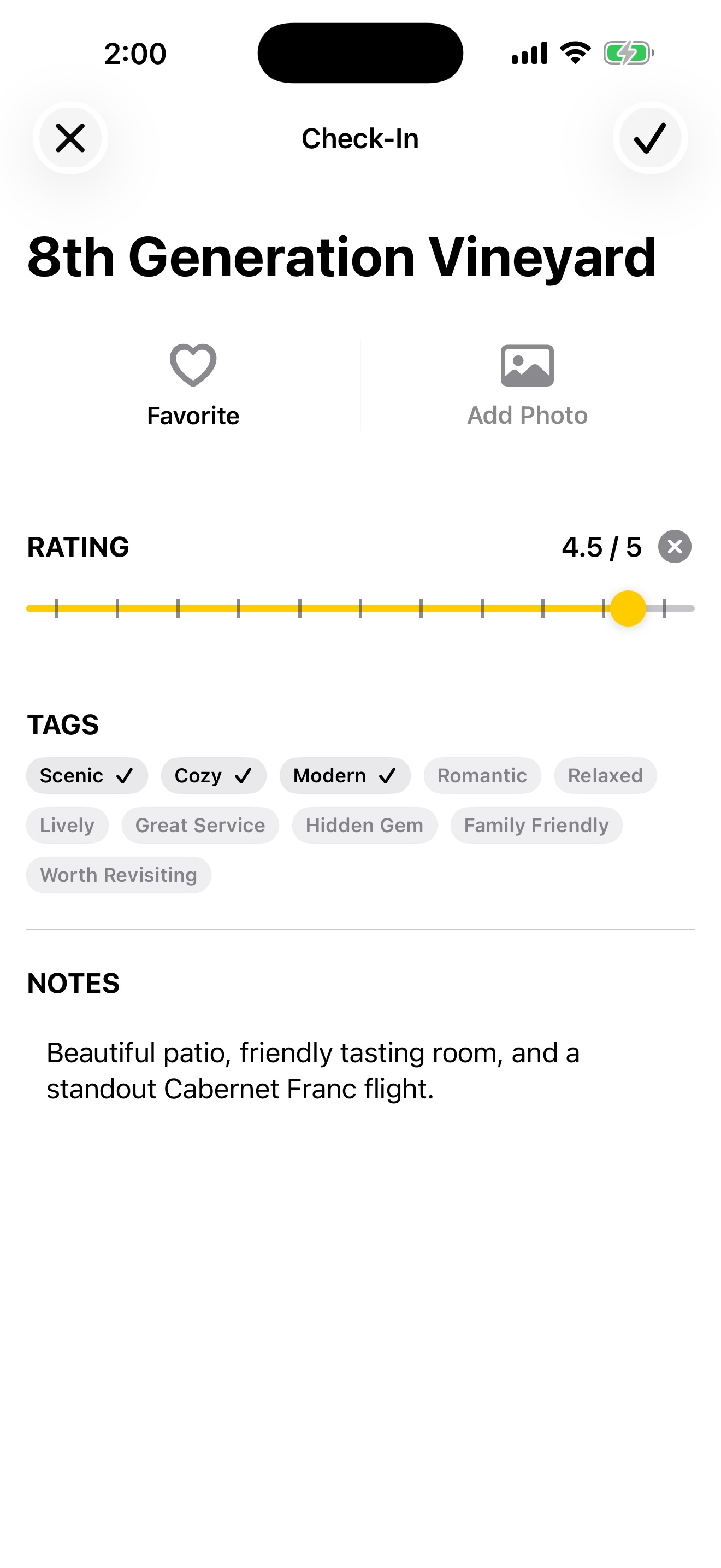 Wine Tripper check-in screen