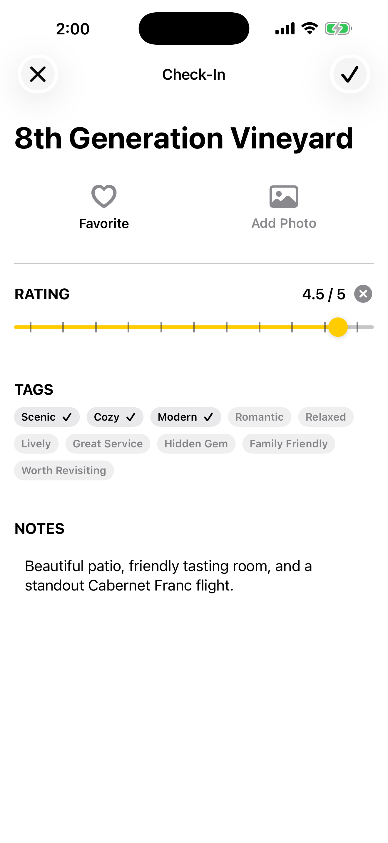 Wine Tripper check-in screen