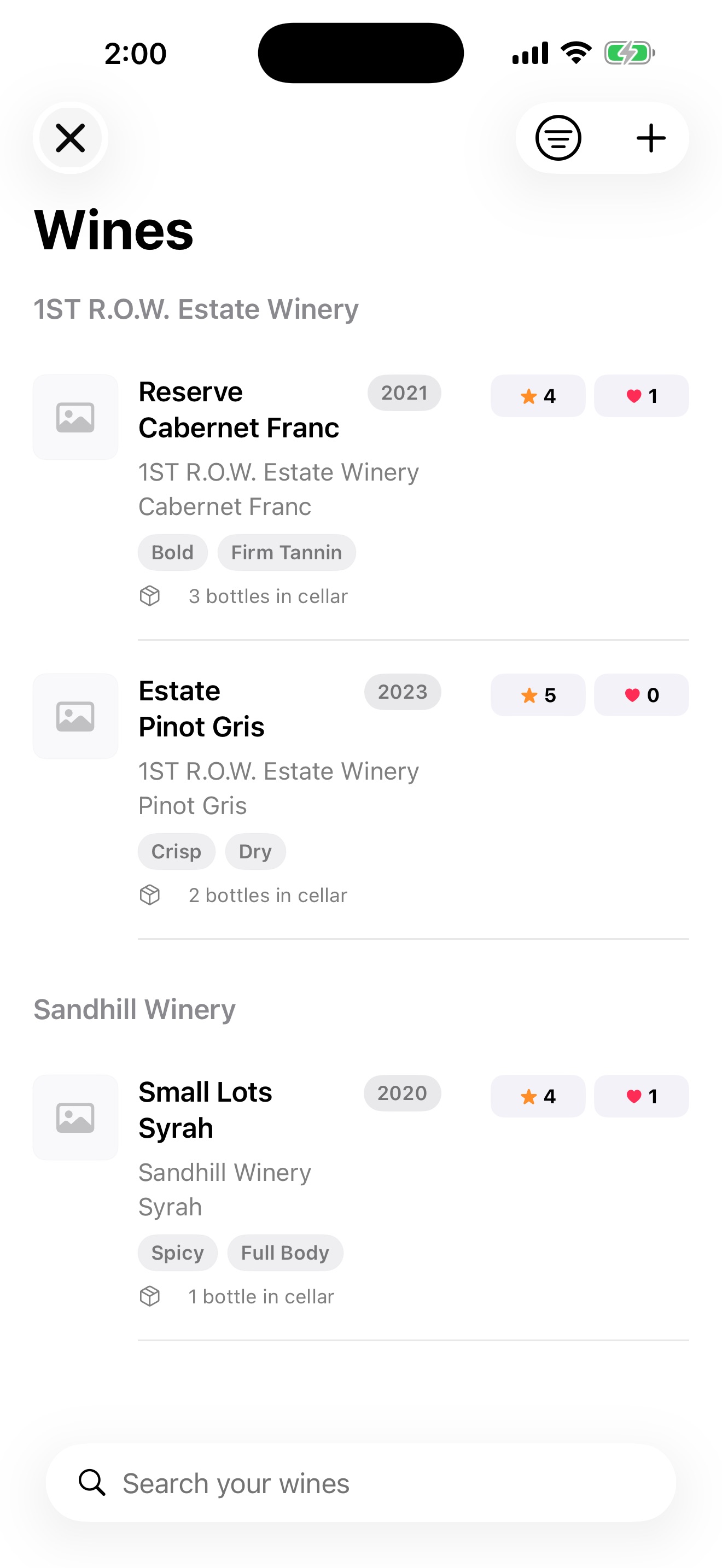 Wine Tripper wine list screen