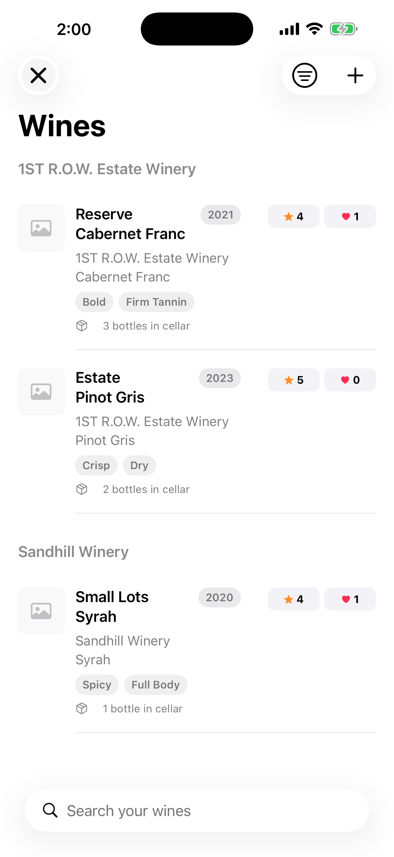 Wine Tripper wine list screen
